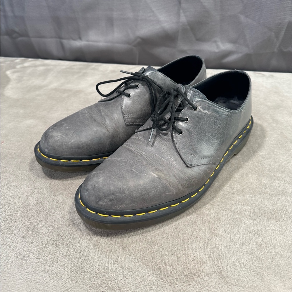 Dr. Martens Gray Leather Oxfords with Yellow Stitching